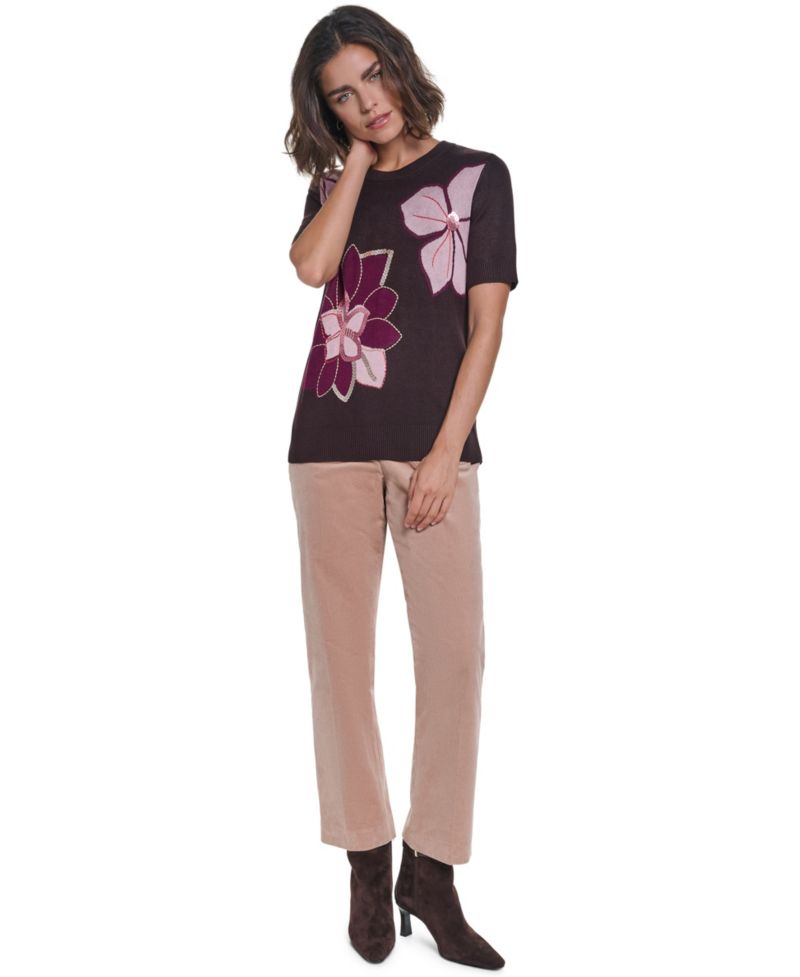 Petite Floral-Print Short-Sleeve Embellished Sweater