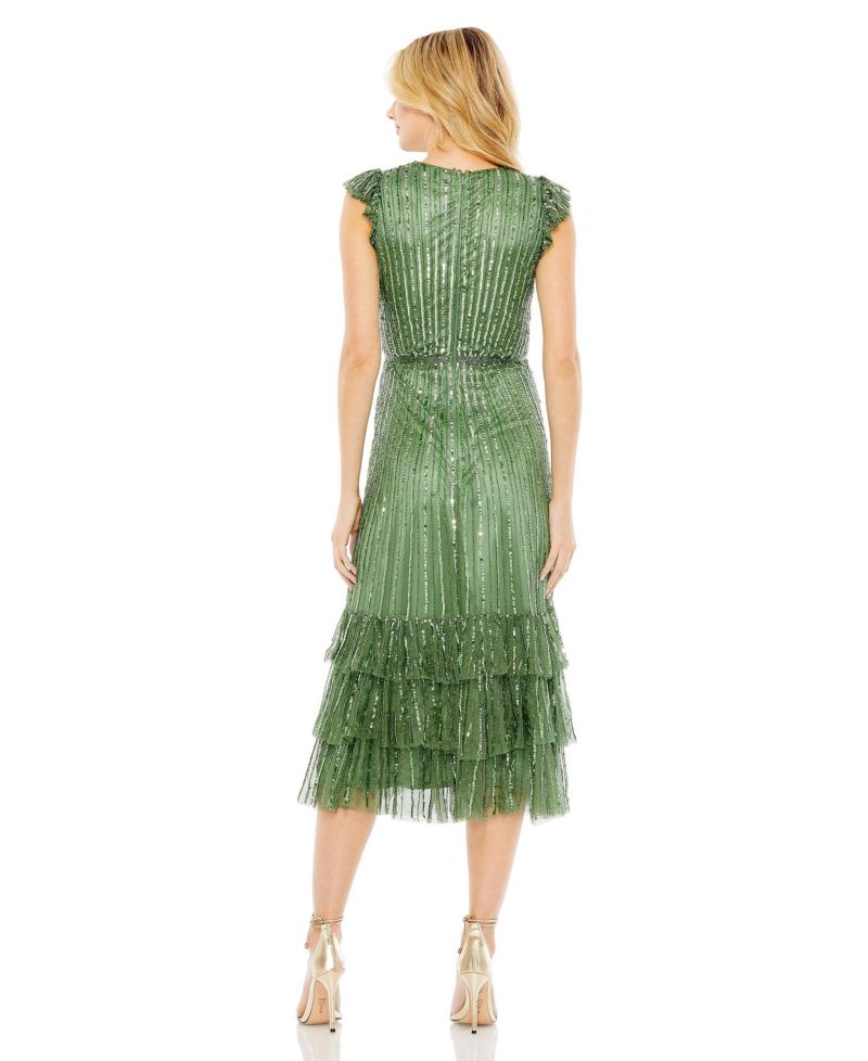 Women's Sequined Wrap Over Cap Sleeve Ruffle Hem Dress