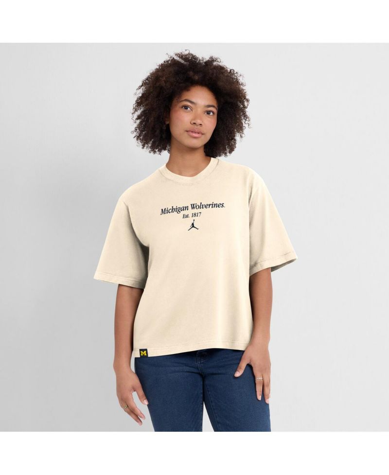 Women's Cream Michigan Wolverines Established Tag Boxy T-Shirt