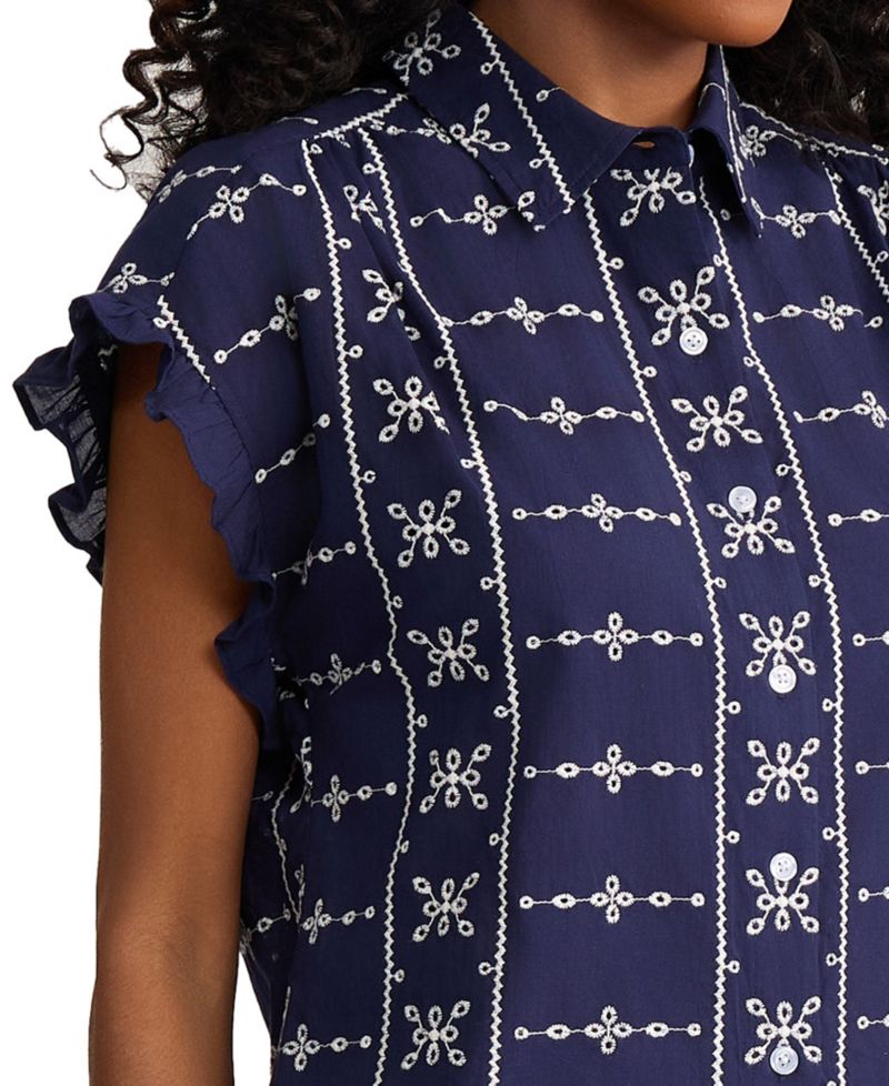 Petite Collared Button-Front Flutter Short-Sleeve Top