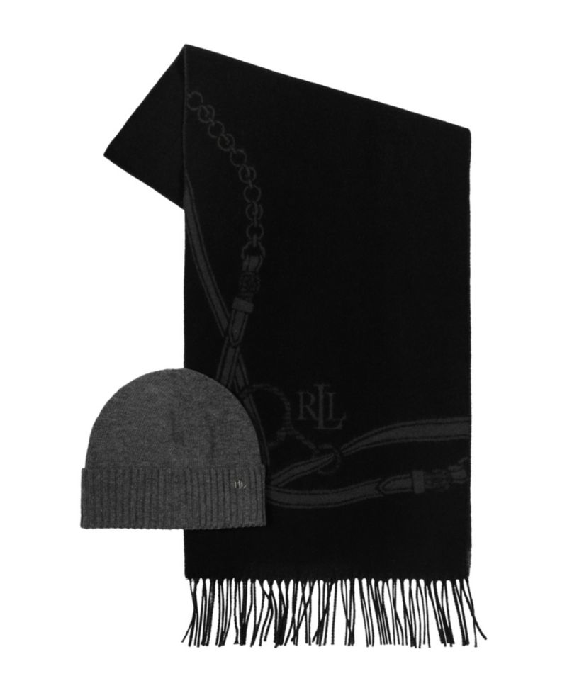 Equestrian Woven Scarf and Knit Beanie Set