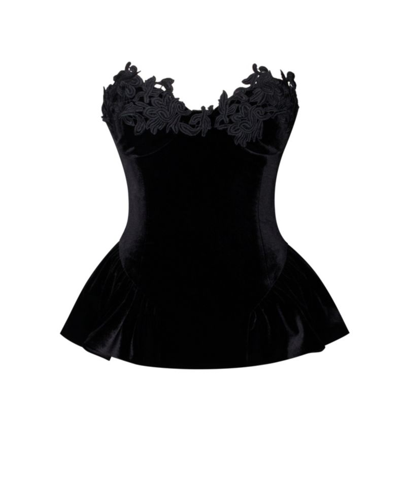 Women's Qiara Black Velvet Peplum Top with Lace Trim