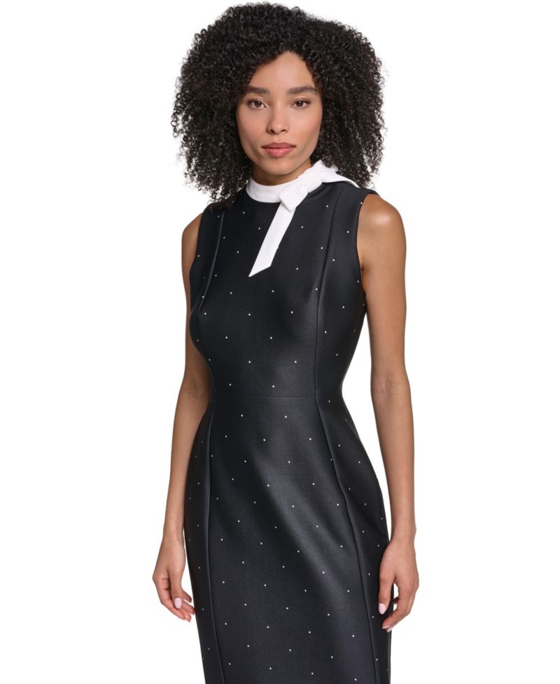 Women's Polka-Dot Scuba Contrast Neck Bow Dress