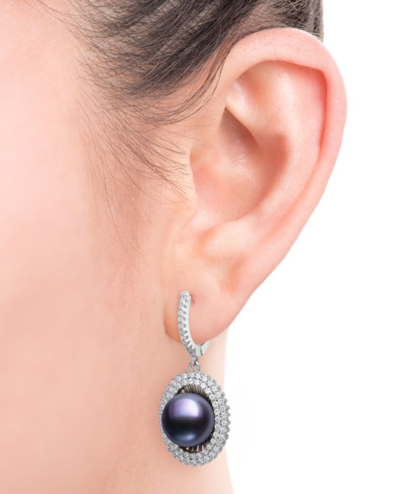 Peacock Black Cultured Freshwater Pearl & Cubic Zirconia Halo Drop Earrings in Sterling Silver (Also in White Cultured Freshwater Pearl)