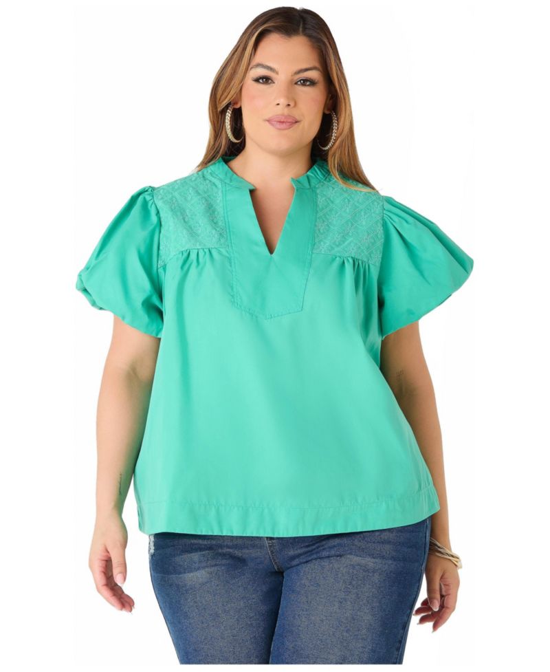 Plus Size Puff Sleeve Embroidered Women's Top