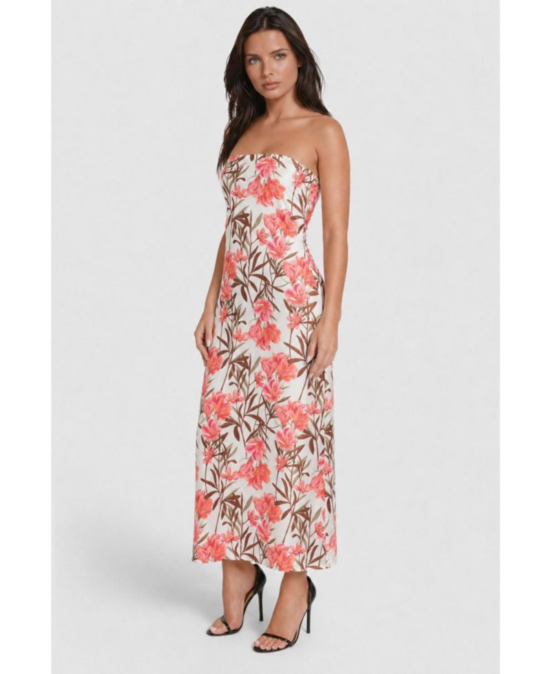 Women's Printed Satin Strapless Maxi Dress