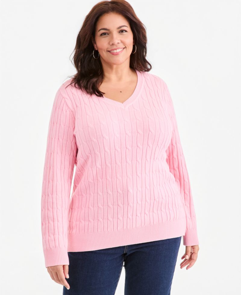 Petite Cotton Cable-Knit V-Neck Sweater
