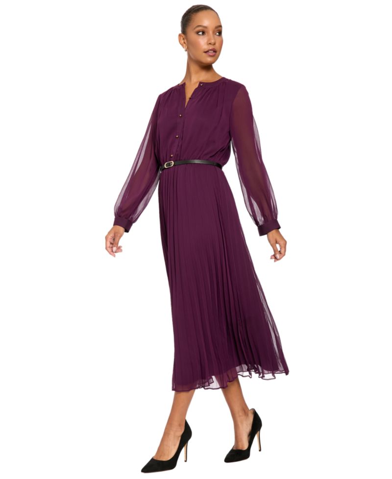 Women's Tea Pleated Chiffon Midi Long-Sleeve Dress