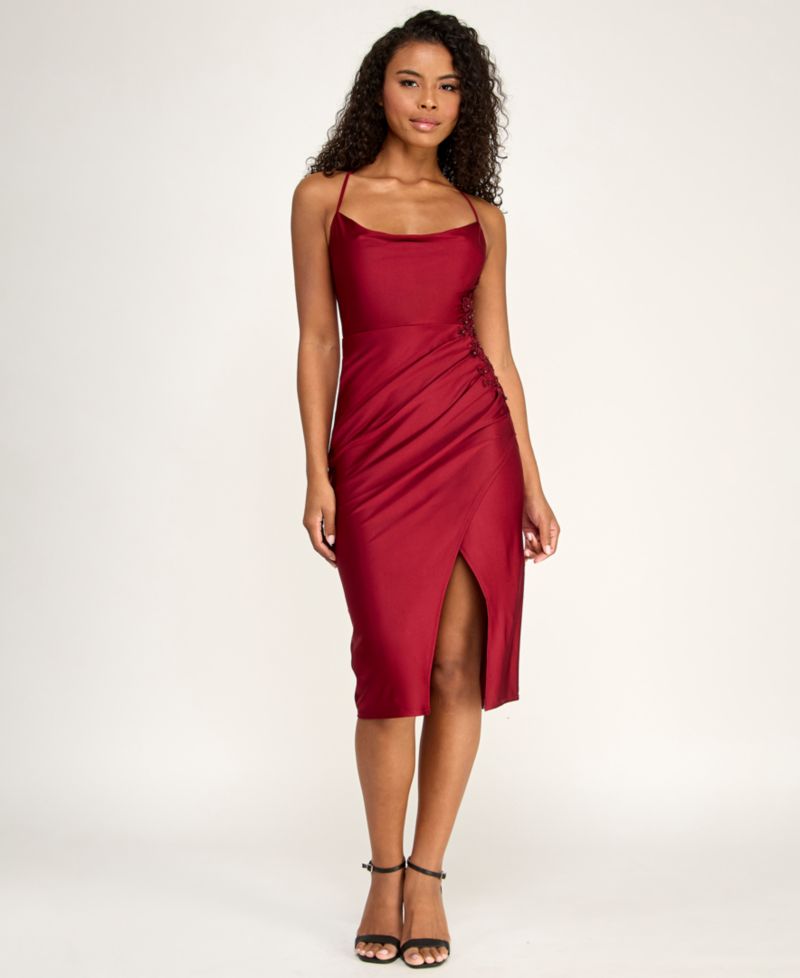Juniors' Cowl Neck Wrap Front Midi Dress