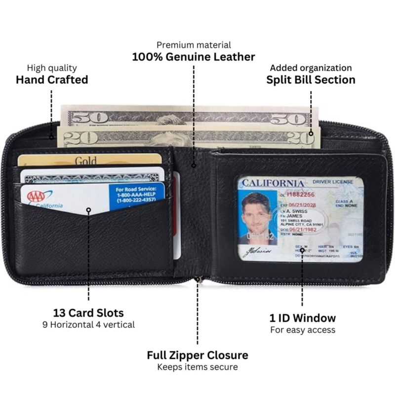 Men's Logan Zipper Bifold Wallet | All-Around Zip Closure | 13 Card Slots 2 Bill Sections | RFID Protected Premium Leather | Gift Box