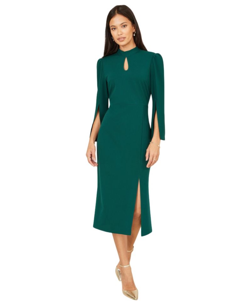 Women's Mock Neck Keyhole Tailored Midi Dress