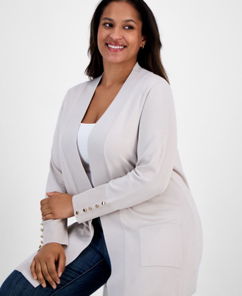 Petite Open-Front Button-Cuff Cardigan Sweater