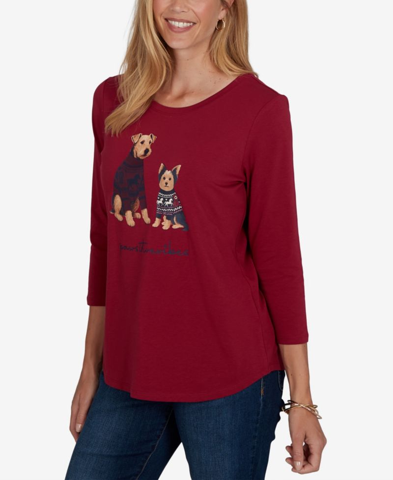 Petite Pawsitive Graphic Boat Neck 3/4-Sleeve Cotton-Blend T-Shirt