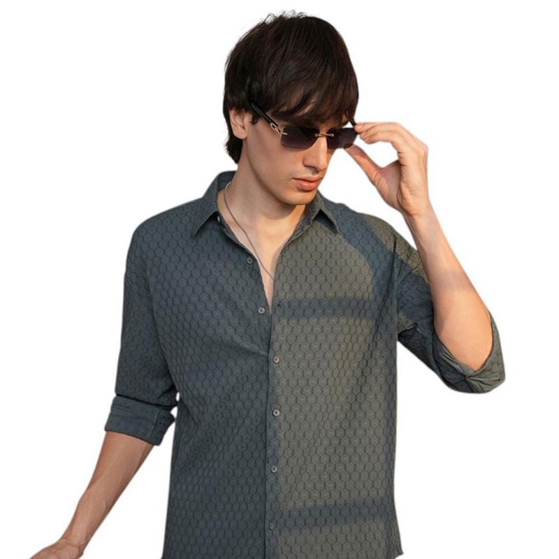 Men's Charcoal Grey Honeycomb-Textured Oversized Shirt
