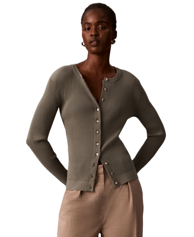 petite Button-Front Ribbed Cardigan Sweater
