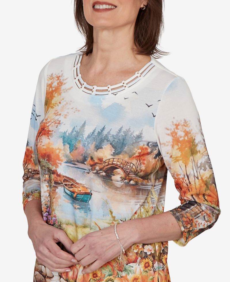 Petite Autumn Lake Scenic Print Top