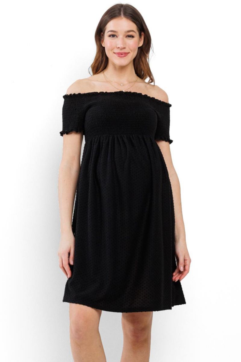 Women's Off-the-Shoulder Smocked Swiss Dot Dress with Pockets