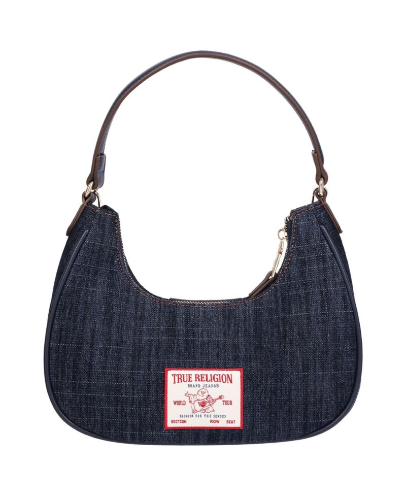 Women's Studded Denim Shoulder Bag with Removable Charm Chain