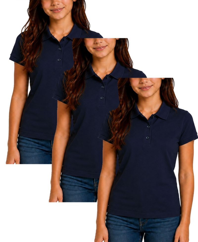 Women's 3-Button Short Sleeve Stretch Pique Polo Shirts School Uniform-3 Pack