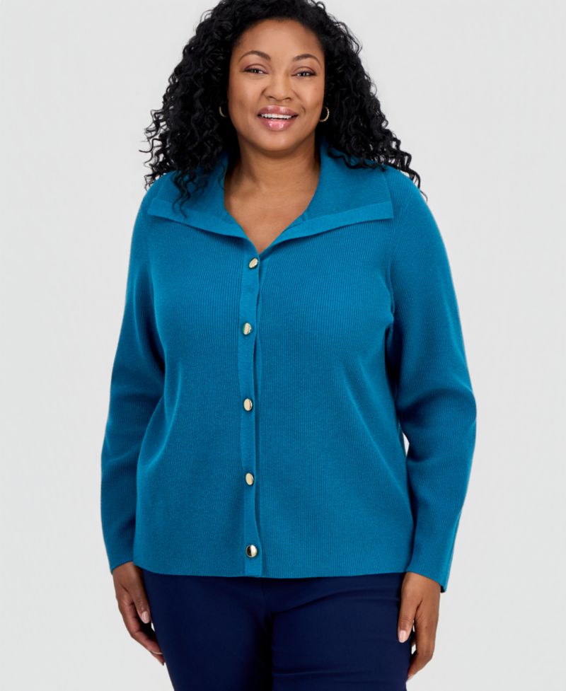 Petite Collared Long-Sleeve Button Cardigan