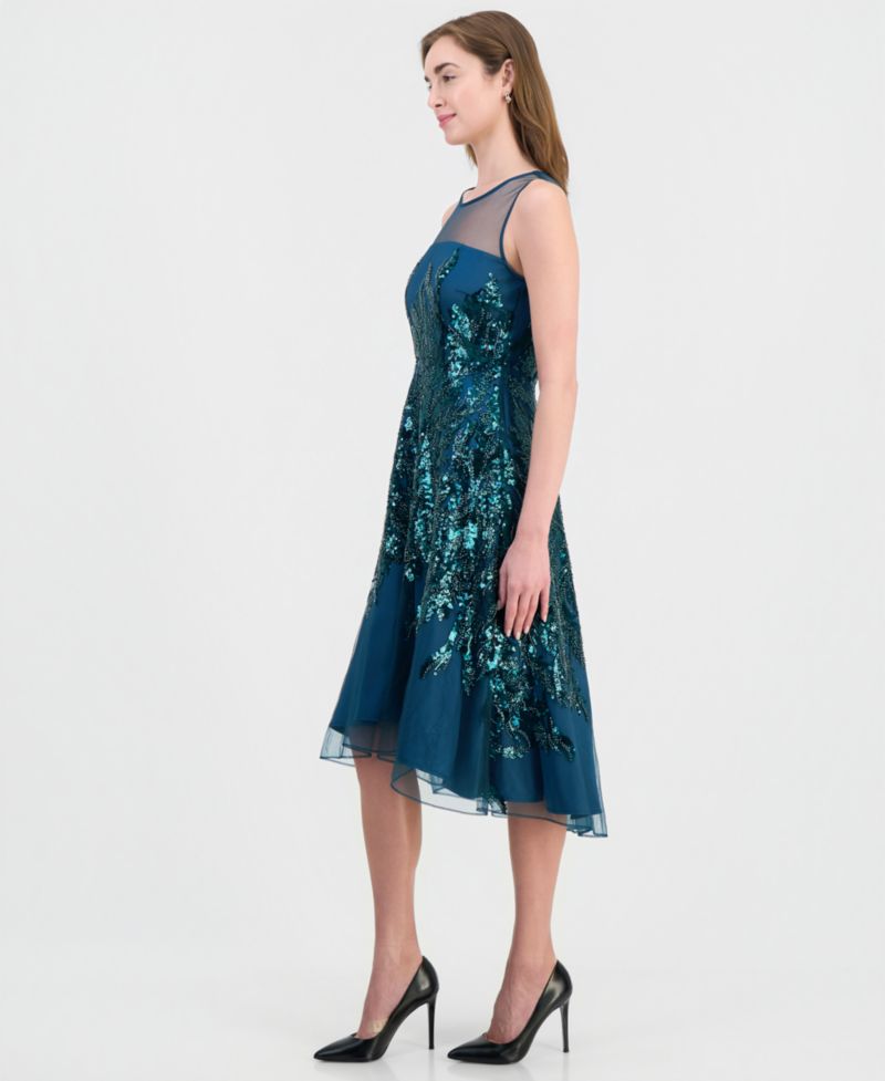 Women's Illusion and Sequin Midi Boat-Neck Sleeveless Dress