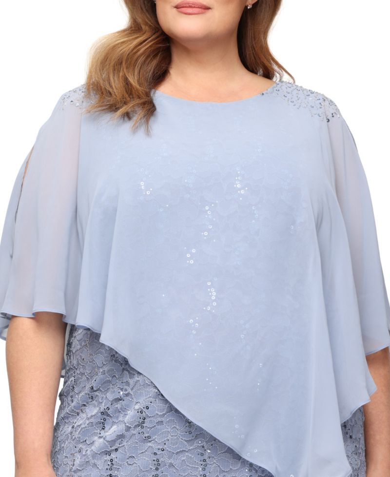 Plus Round-Neck Sequin Lace Cape Dress