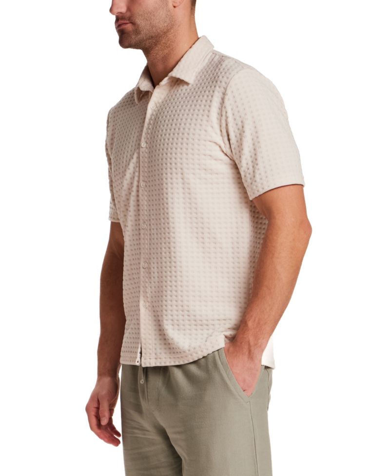 Men's Short-Sleeve Textured Grid Coatfront Knitmen's Shirt