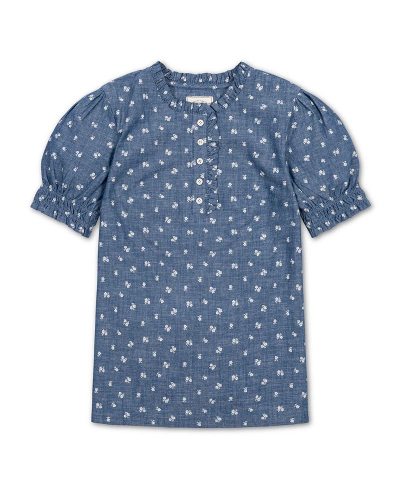Women's Chambray Puff-Sleeve Floral-Print Blouse