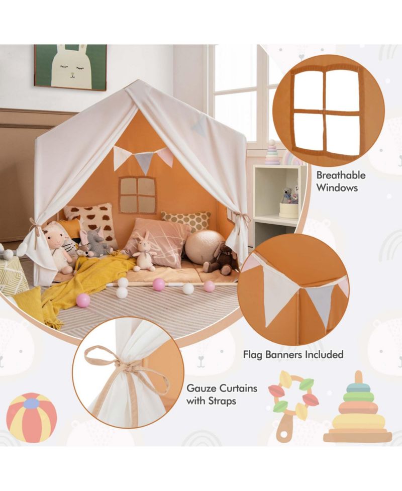 Kids' Castle Play Tent with Solid-Wood Frame and Washable Mat