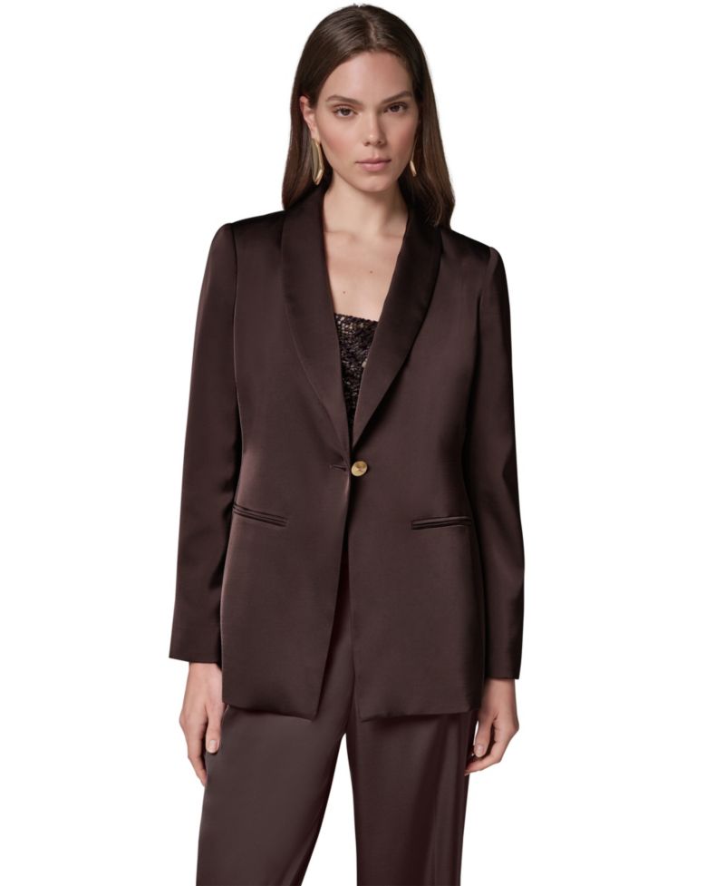 Petite Satin Shawl Lapel Shoulder-Padded Blazer