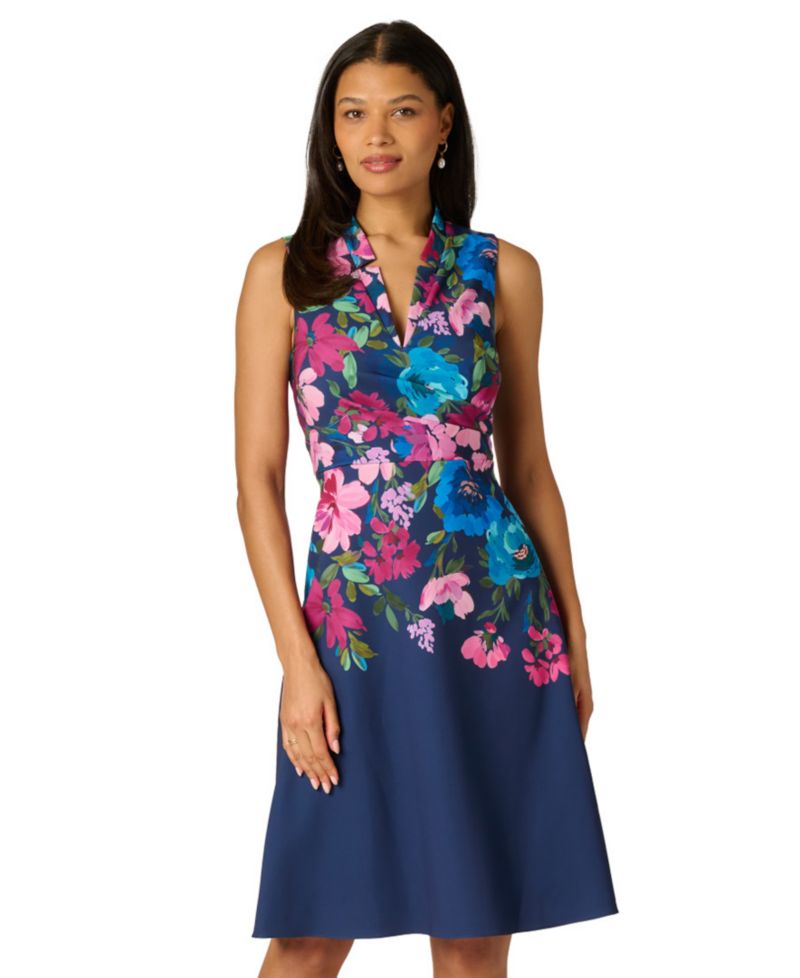 Petite Border Floral V-Neck Midi Dress