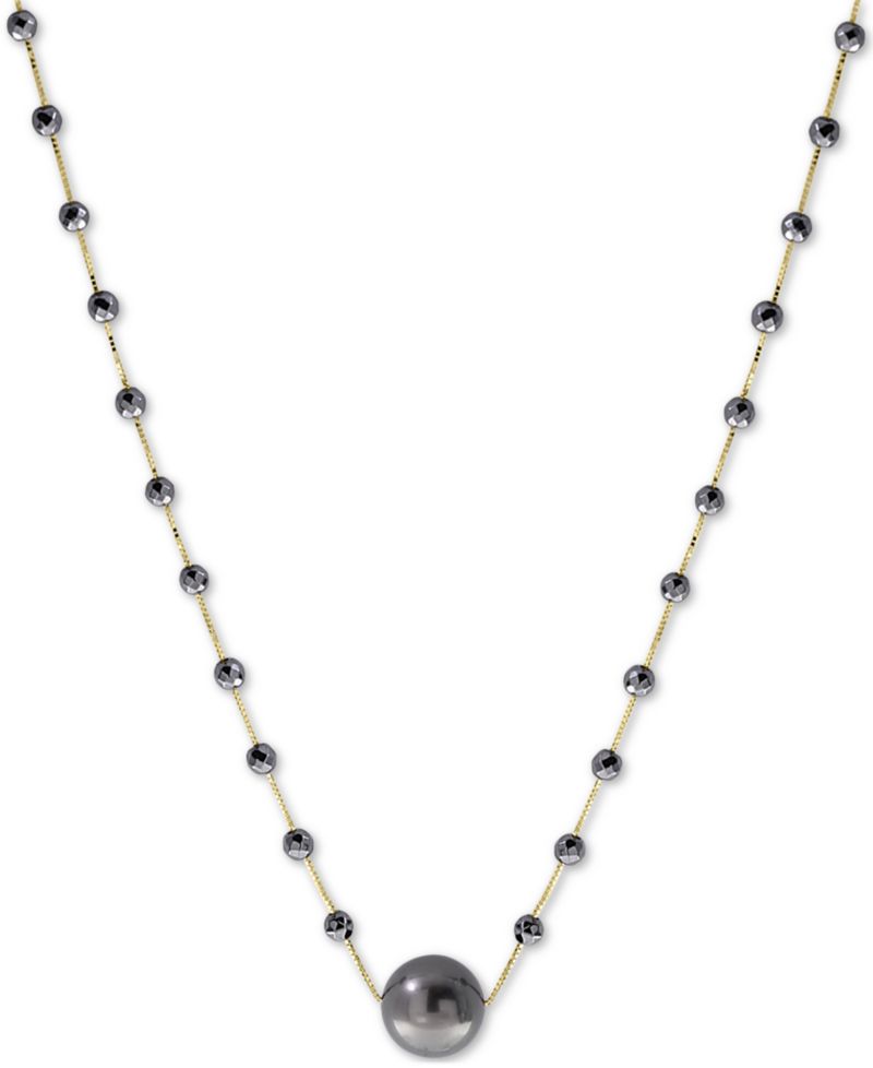 EFFY® Cultured Tahitian Pearl (10mm) & Hematite Bead 18" Statement Necklace in 14k Gold