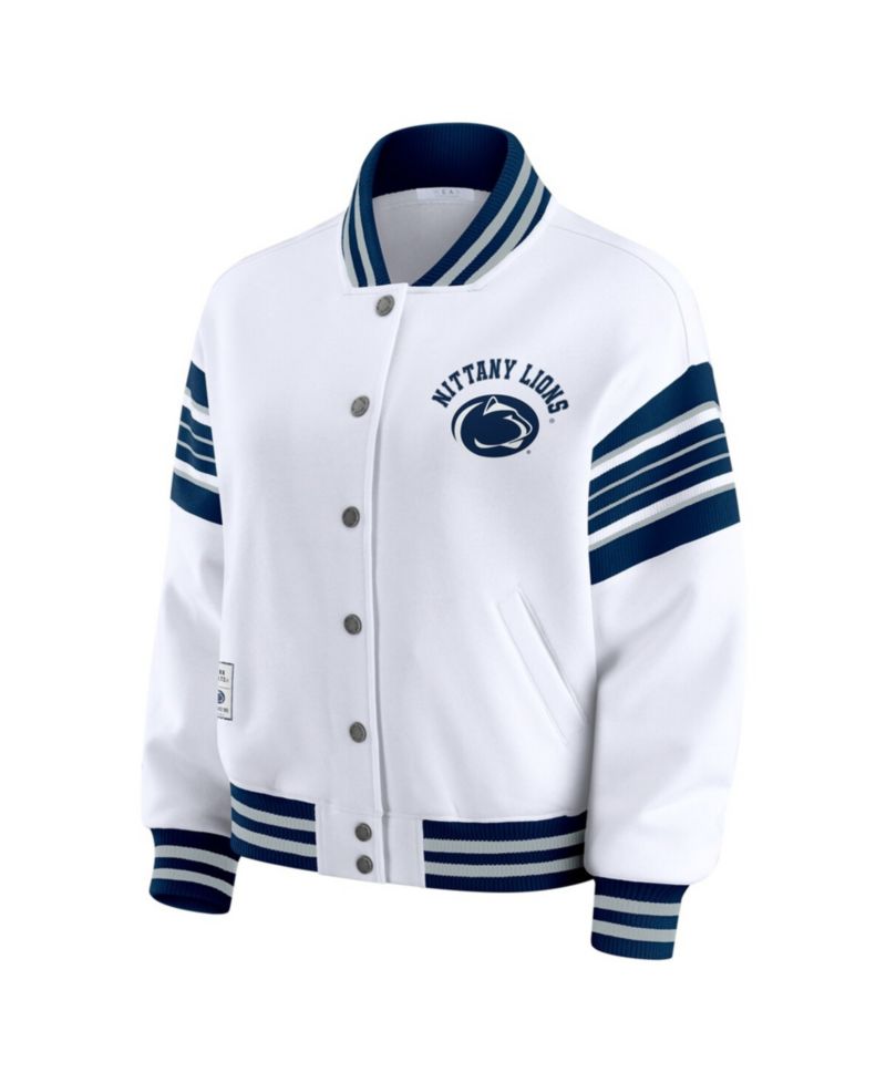Women's White/Navy Penn State Nittany Lions Satin Stitch Full-Snap Fleece Sweatshirt Jacket