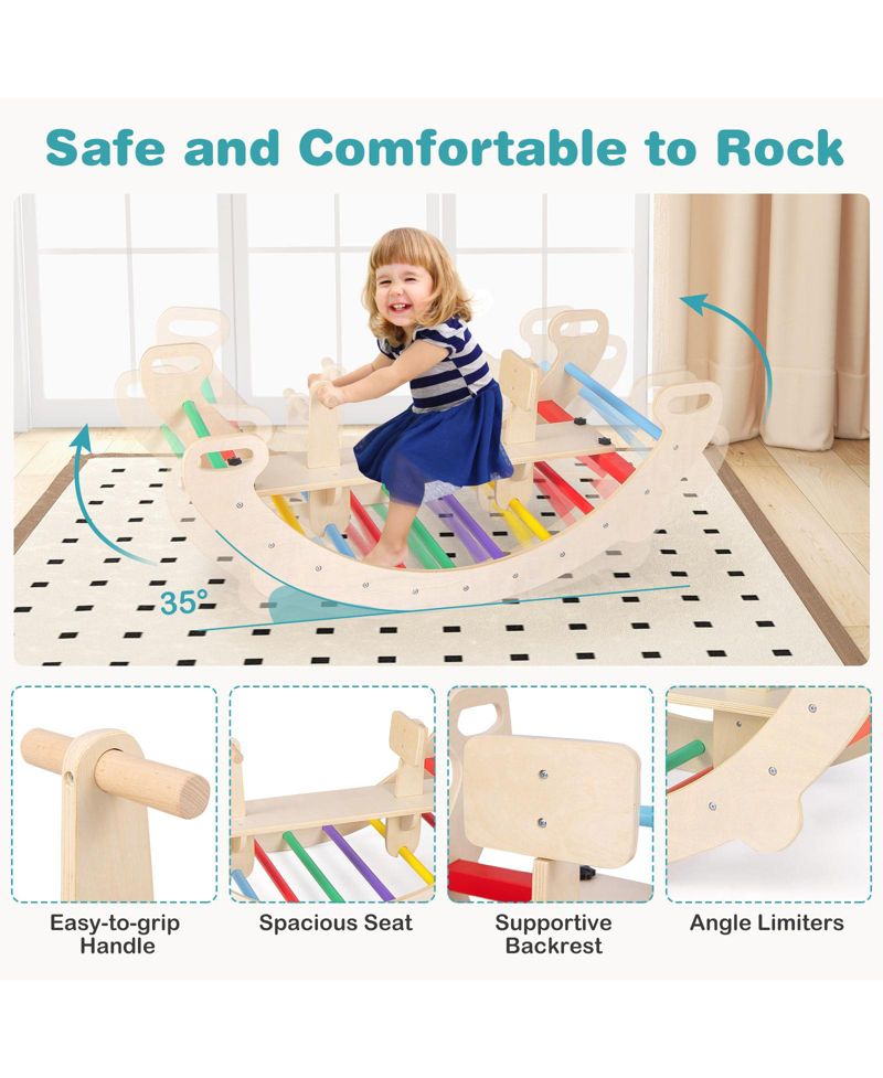 4 in 1 Kids Wooden Climbing Toy with Rocker and Crawling Tunnel