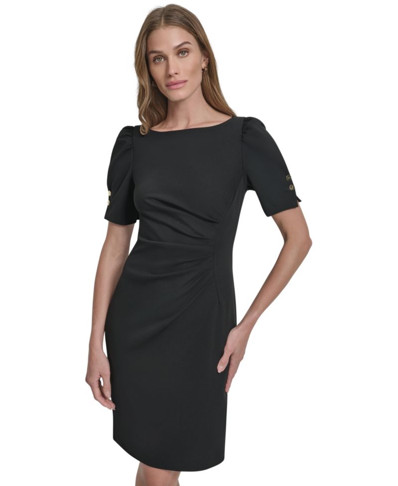 Women's Puff-Sleeve Ruched Boat-Neck Dress