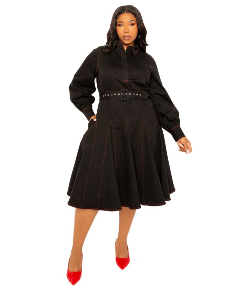Plus Size Denim Belt Shirt Dress