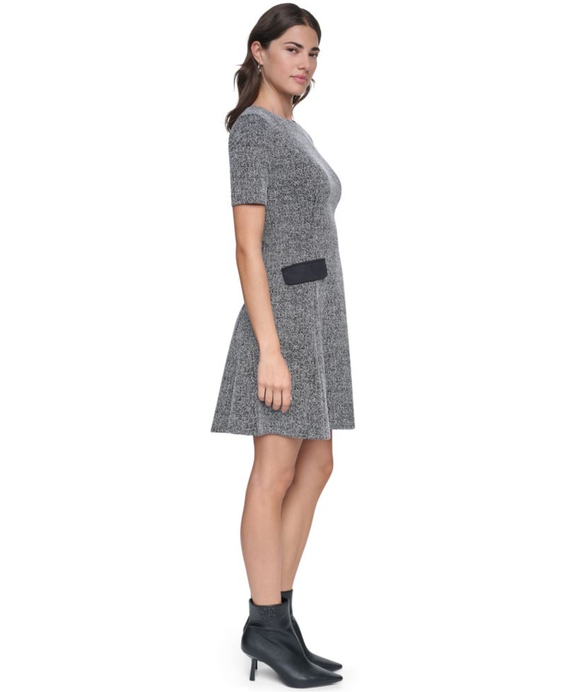 Women's Short-Sleeve Crewneck Textured-Knit Fit and Flare Dress