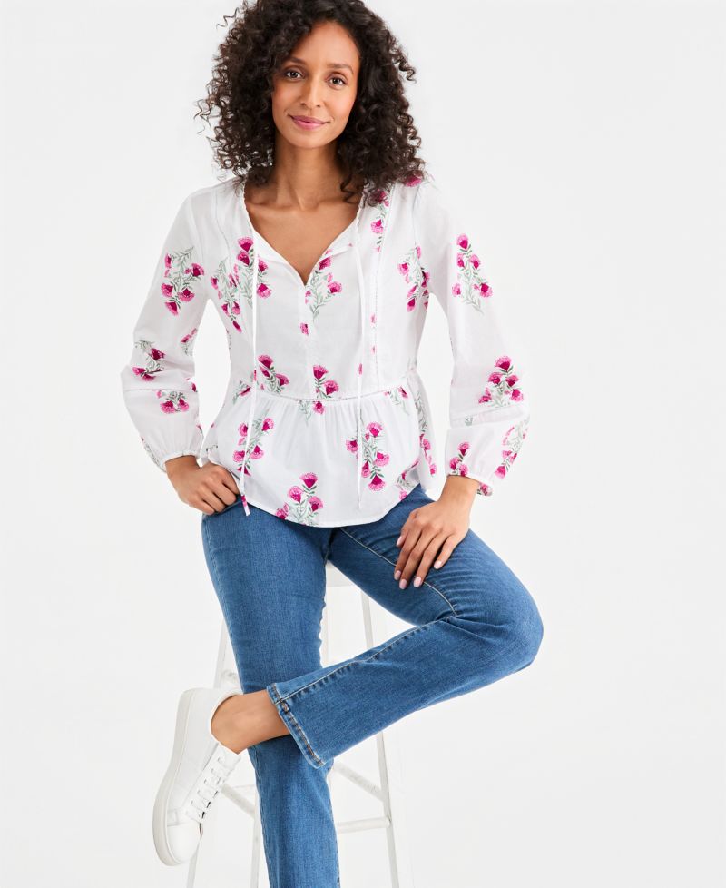 Women's Cotton Printed Peplum Popover Blouse