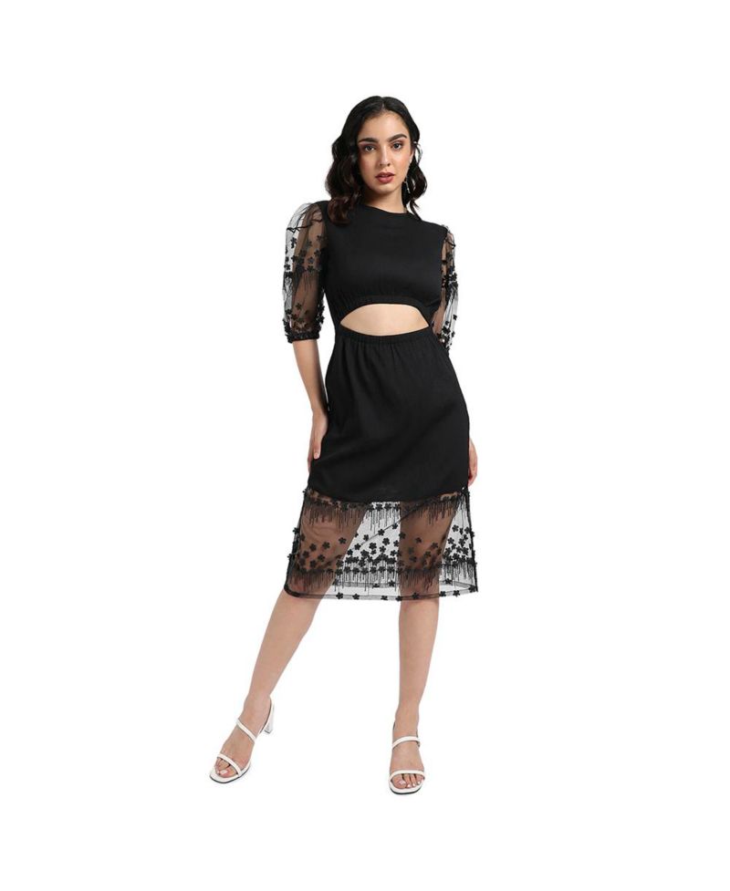Women's Black Self-Design Dress With Cutout Detail