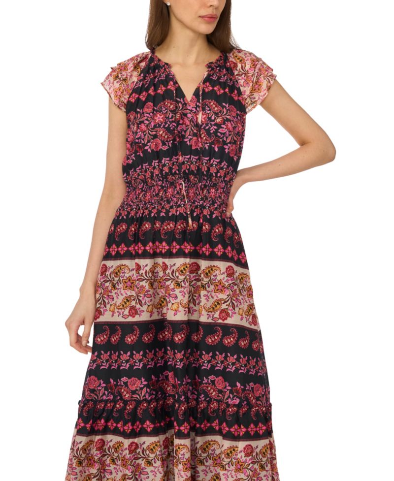 Women's Tie-Neck Smocked Waist Printed Dress
