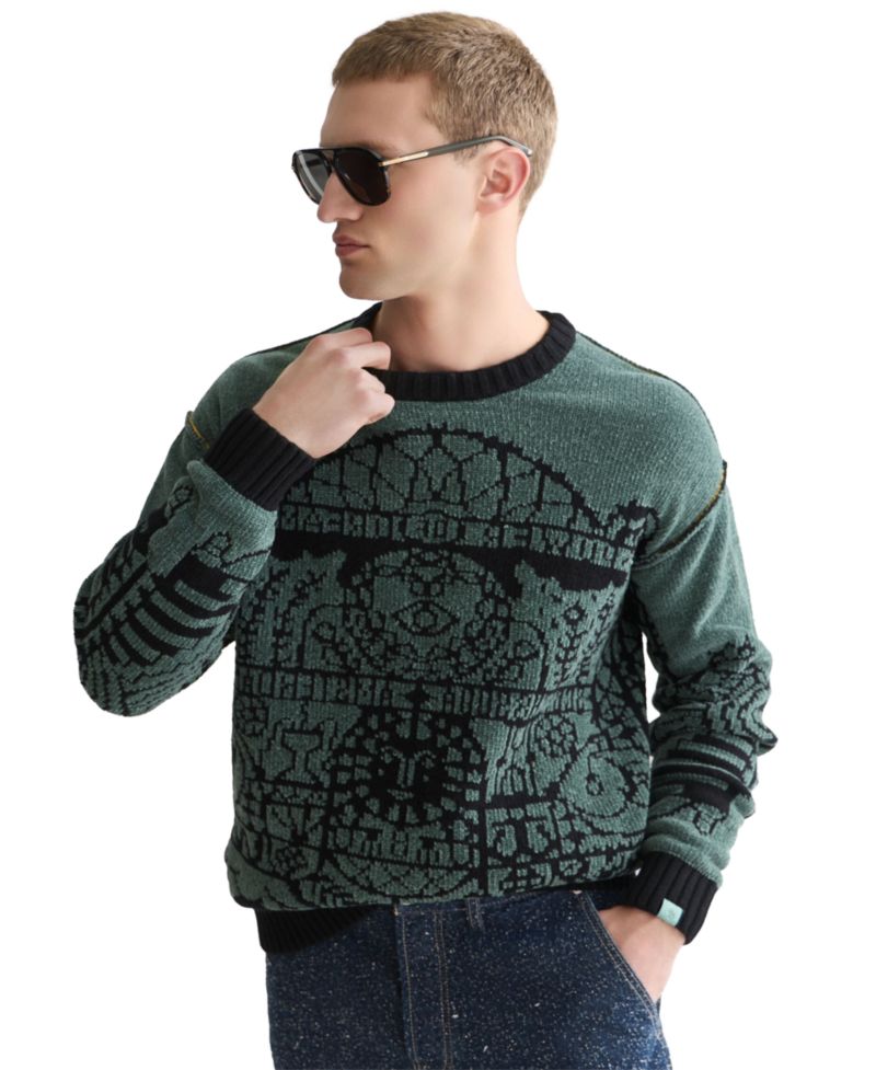 Men's Chenille Jacquard Wool-Blend Dropped Shoulder Crewneck Sweater