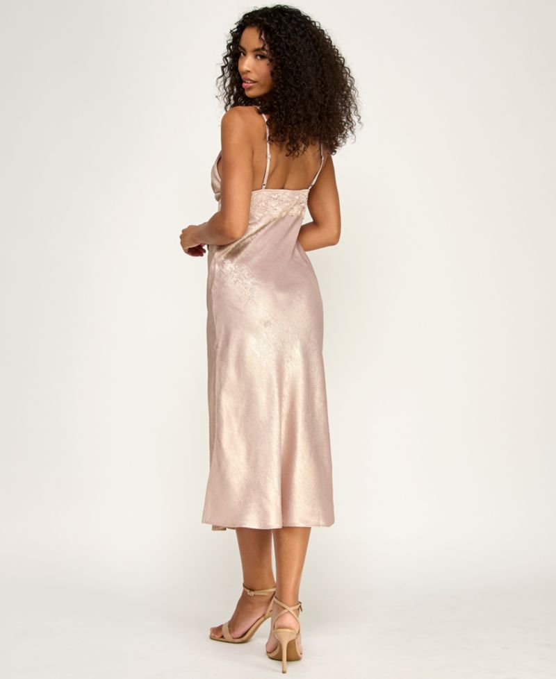 Juniors' Lace Trim Hammered-Satin Slip Dress