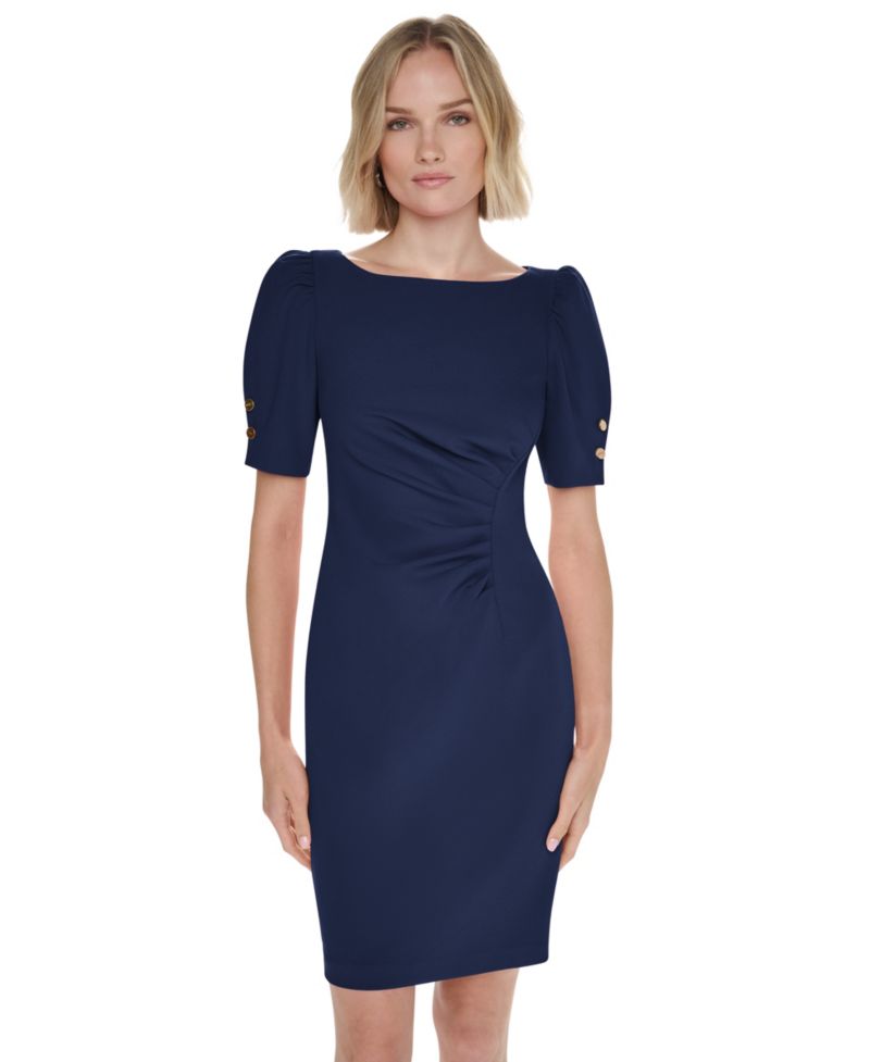 Women's Puff-Sleeve Ruched Boat-Neck Dress