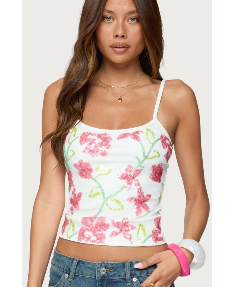 Womens Beaded Floral Embroidered Tank Top