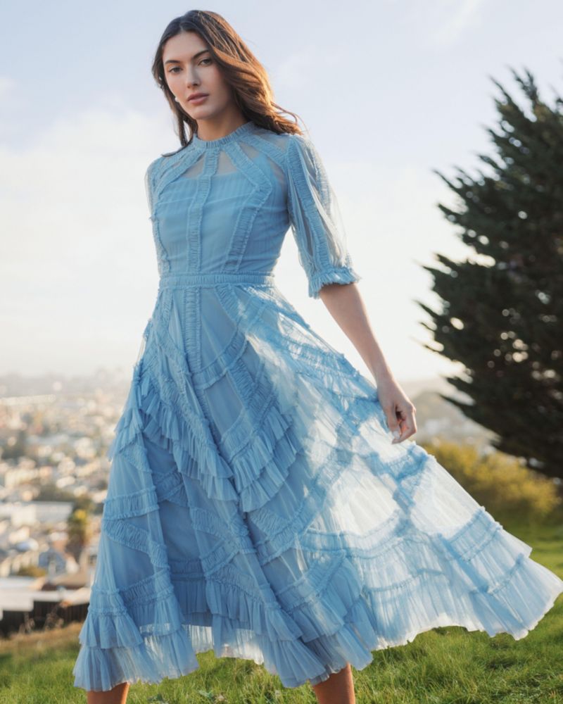 Petite Illusion High Neck Tiered Ruffle A-Line Midi Dress