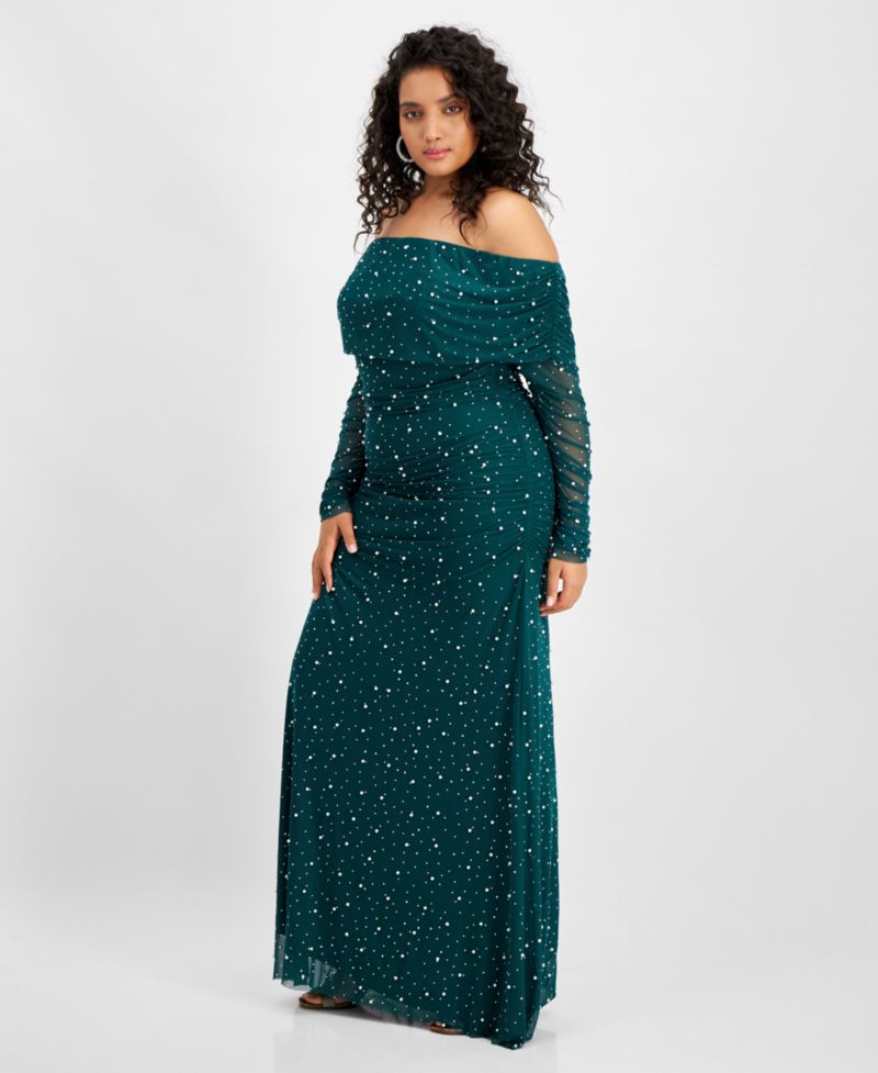 Trendy Plus Size Off-The-Shoulder Pearl Gown