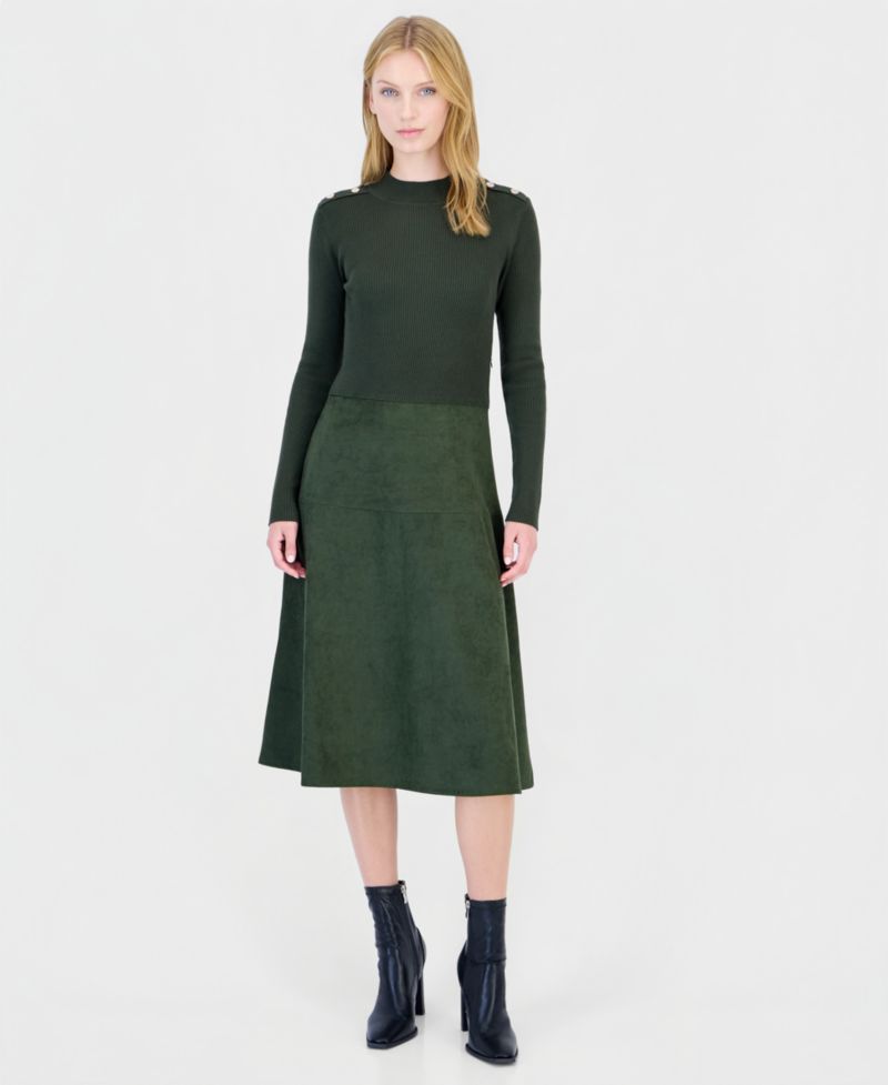 Women's Mock Neck Long-Sleeve Faux Suede Skirt Dress