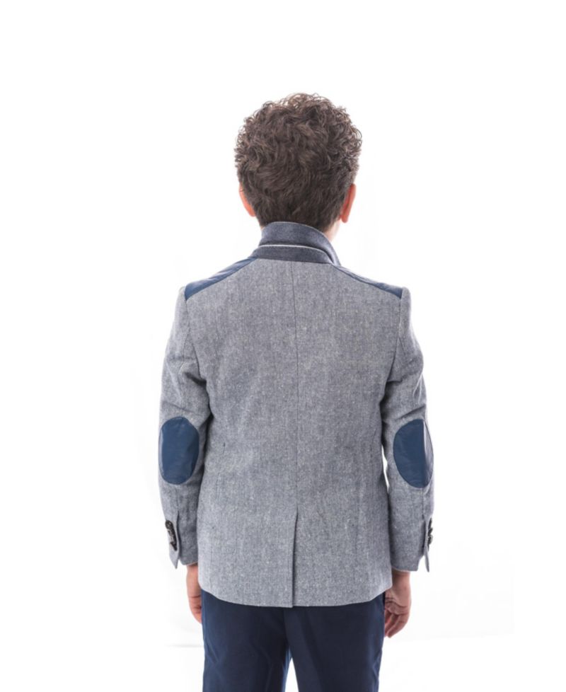 Toddler Blue Slim Fit Tweed & Faux Leather Blazer