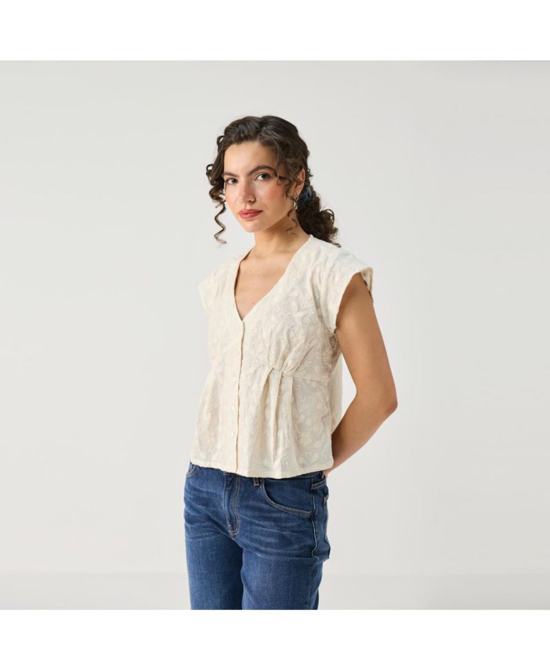 Women's Cream Embroidered Deep V-Neck Top