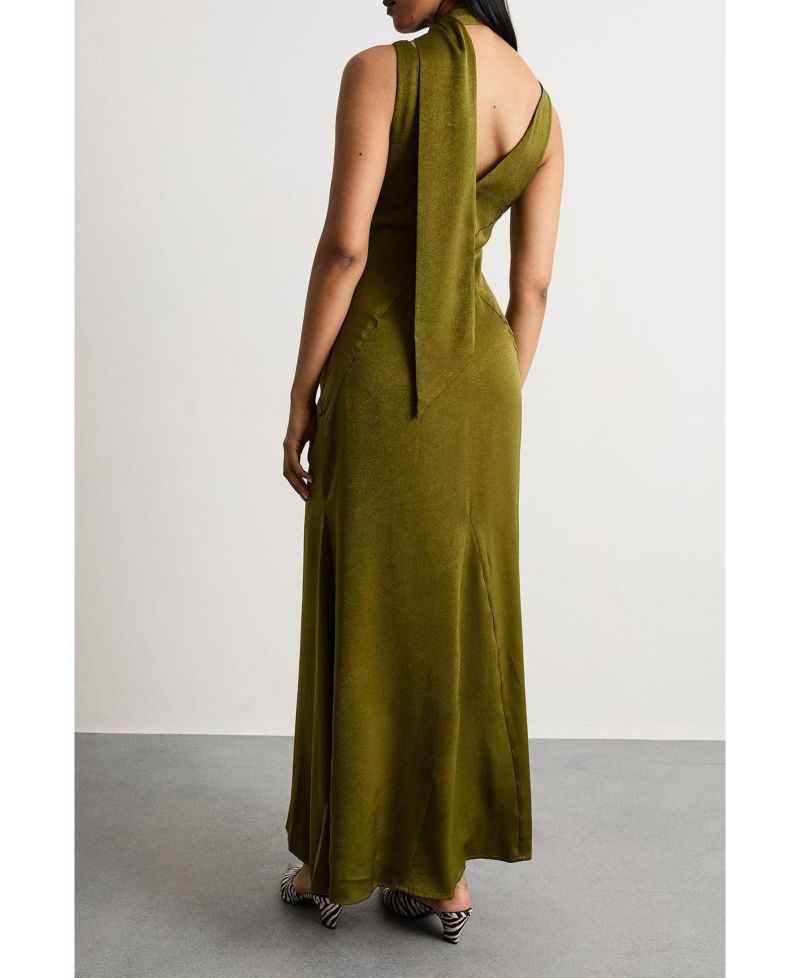Women's Plain Scarf Detail Tie Neck Maxi Dress
